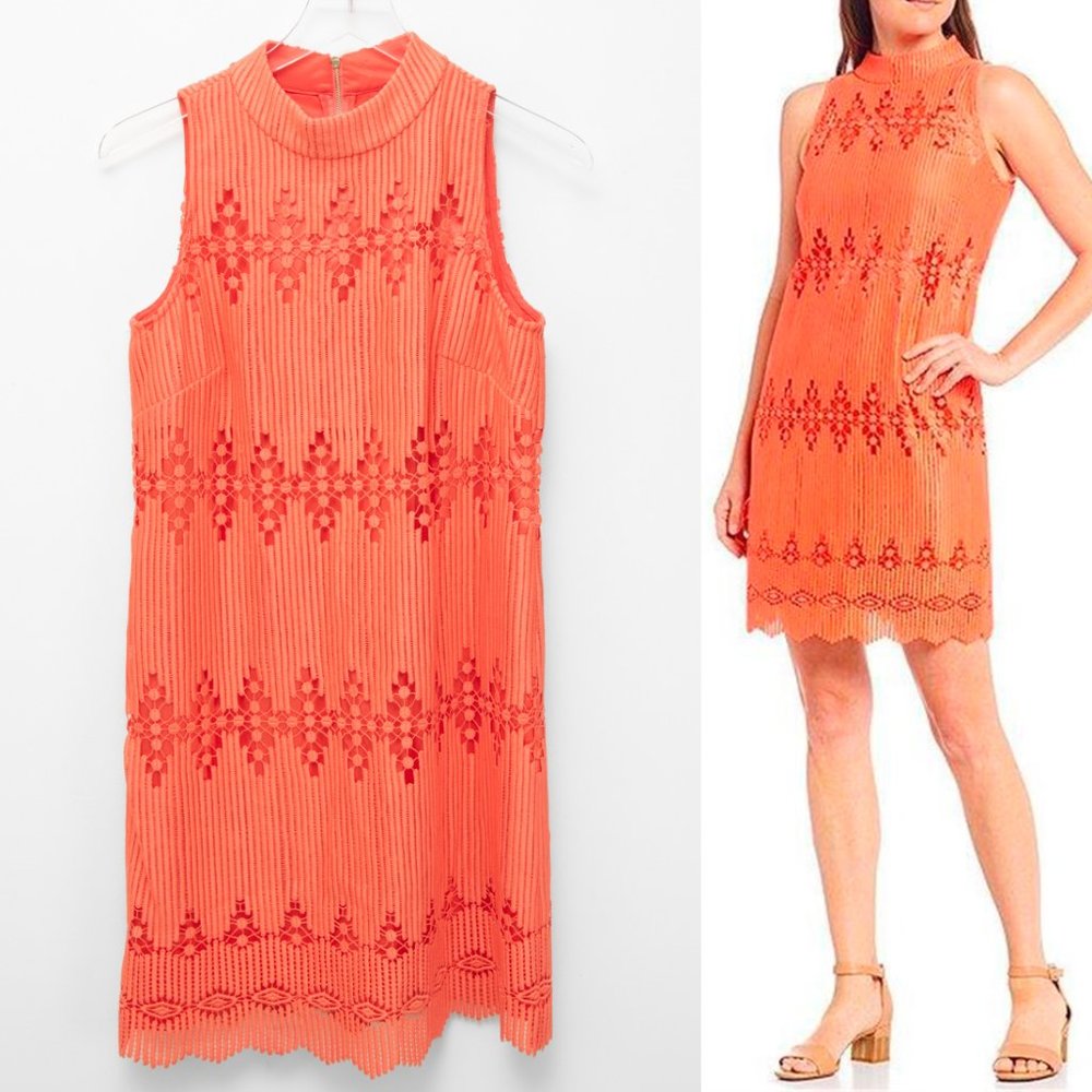 Alex Marie Sleeveless Shift Dress Mock Neck Midi Crochet Coral Orange Size 4 New
